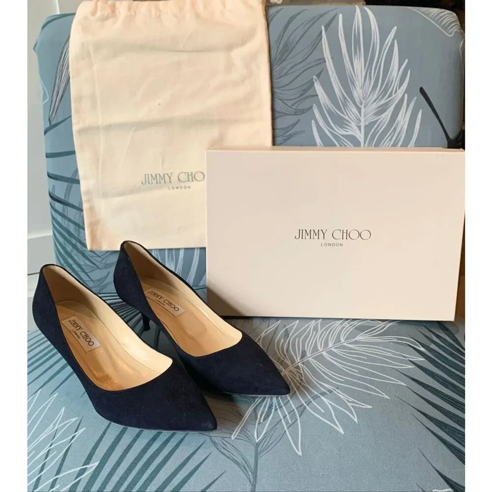 Jimmy Choo AZA Navy Blue SUEDE LEATHER Pumps Heels Shoes sz 37.5